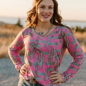 Vibrant Pink Cactus Print Long Sleeve Top
